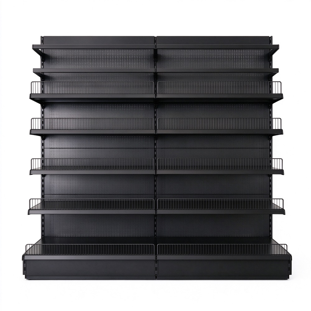 Metal Supermarket Gondola Shelving Unit with Perforated Back Panel