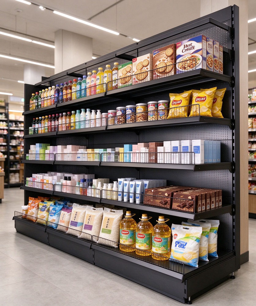 Metal Supermarket Gondola Shelving Unit with Perforated Back Panel